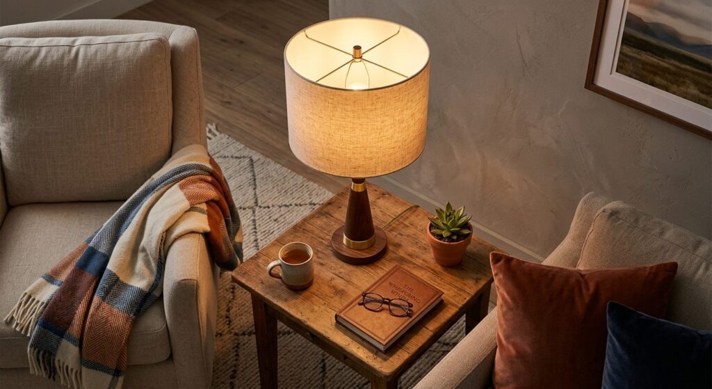 Elegant stoflampe i naturligt lys på sofabord i hjørnet af stueværelse
