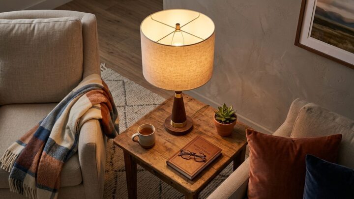 Elegant stoflampe i naturligt lys på sofabord i hjørnet af stueværelse