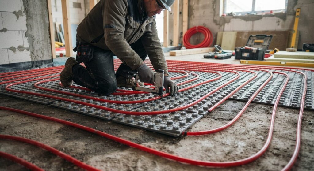 Håndværker beregner og lægger rør til gulvvarme i spiralmønster på betongulv