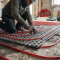 Håndværker beregner og lægger rør til gulvvarme i spiralmønster på betongulv