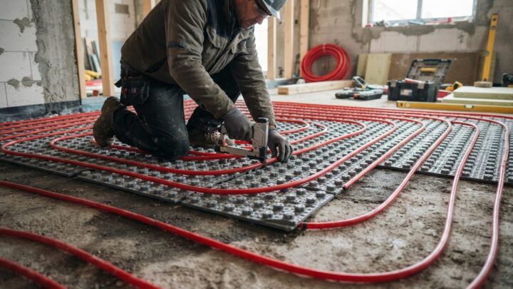 Håndværker beregner og lægger rør til gulvvarme i spiralmønster på betongulv