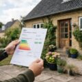 Energimærke på bolig vises som dokument foran et dansk hus