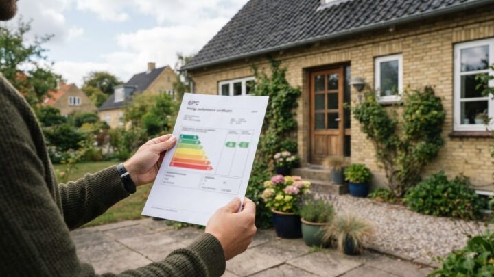 Energimærke på bolig vises som dokument foran et dansk hus