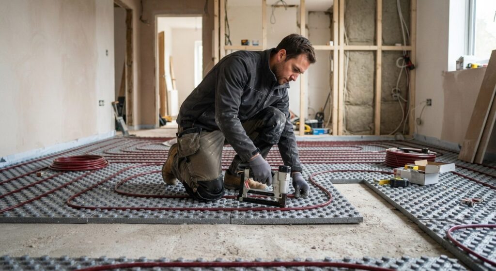Håndværker lægger rør til gulvvarme i gulv under renovering, der viser pris og materialer
