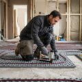 Håndværker lægger rør til gulvvarme i gulv under renovering, der viser pris og materialer