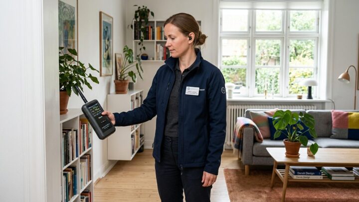Indeklimakonsulent måler luftkvalitet i hjemmets stue med måleudstyr