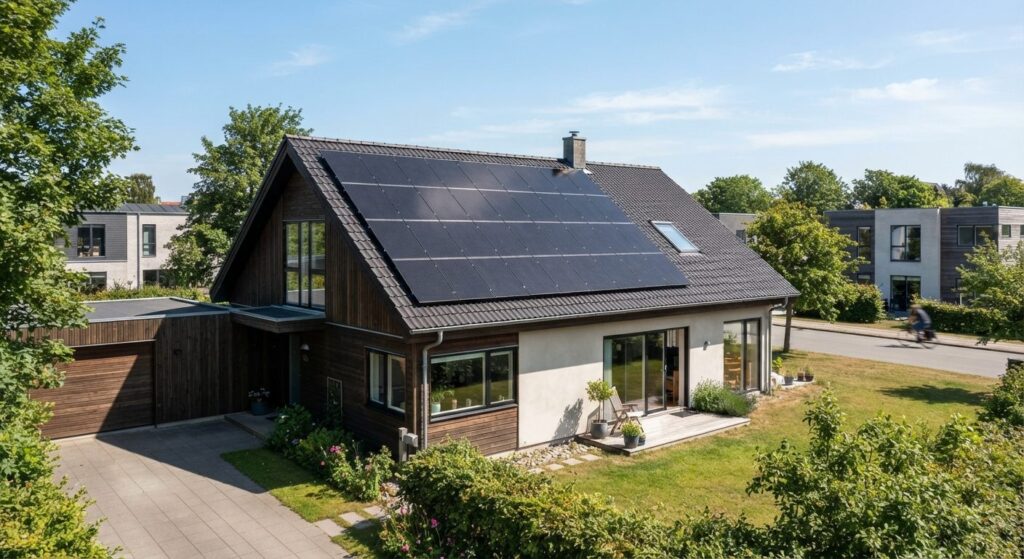 Solceller monteret på tag af parcelhus i solskin