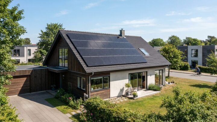 Solceller monteret på tag af parcelhus i solskin