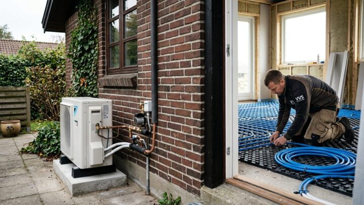 Varmepumpe til gulvvarme installeret ved et dansk hus