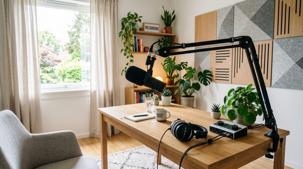 Podcastoptagelseshjørne med nordisk indretning og naturligt lys.