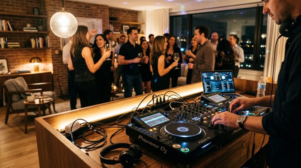 Close-up of professional DJ equipment and turntables at an u