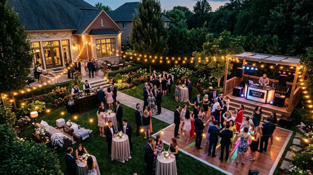 Overhead view of a beautiful garden party with DJ booth, gue