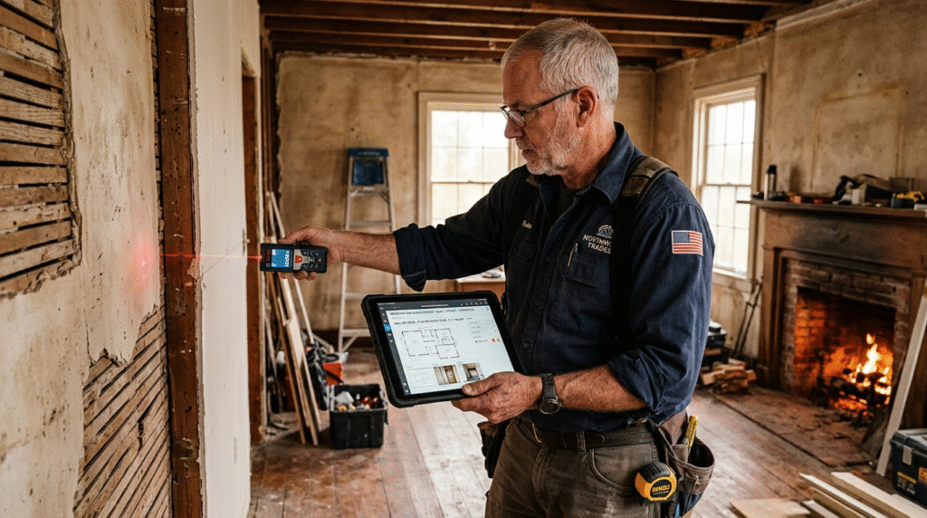 Experienced tradesman using digital tablet and laser measure