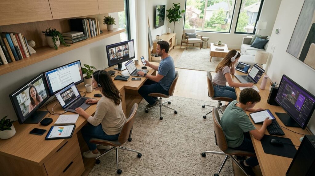 Cinematic overhead shot of a family home office workspace sh