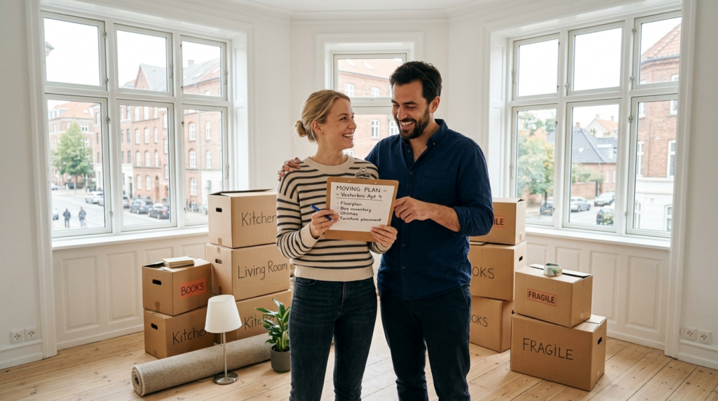Young professional couple standing in empty Copenhagen apart