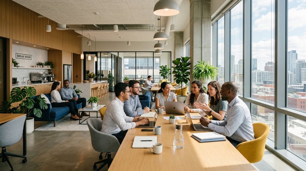 Spacious modern commercial break room or meeting area with a