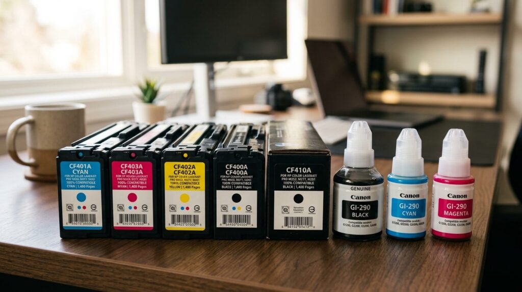 Close-up detail shot of various printer toner cartridges and