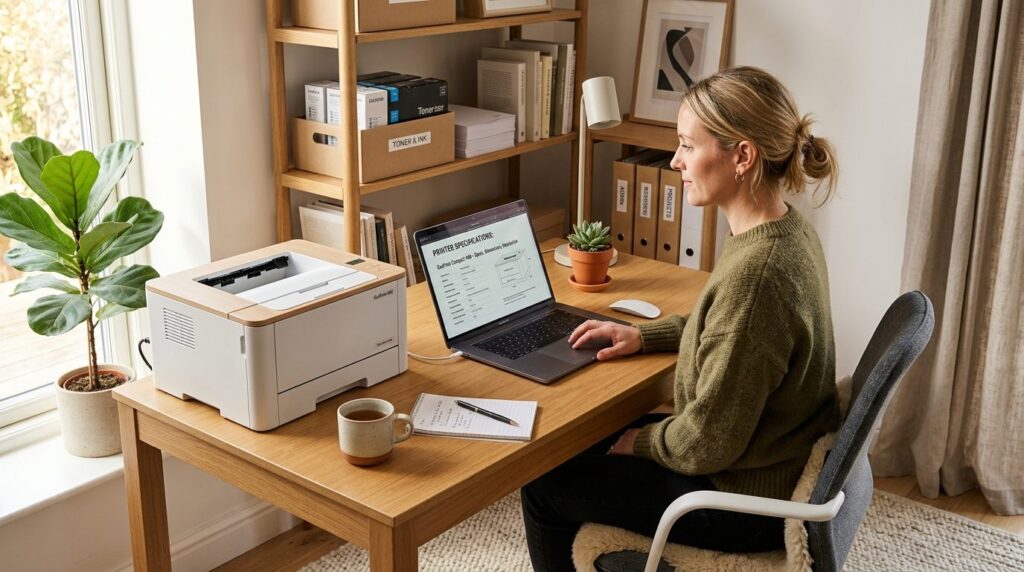 Contemporary home office corner with a woman sitting at her 