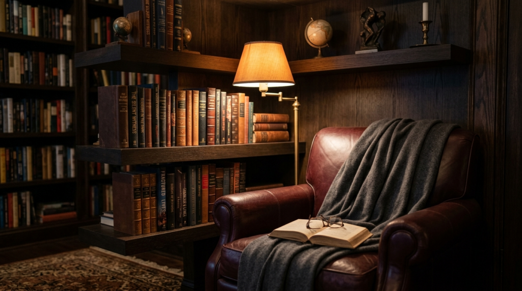 Close-up of a luxurious home library corner with leather-bou