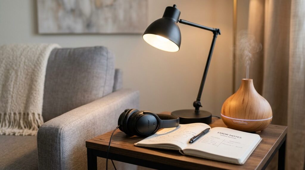 Close-up of a serene EMDR therapy workspace detail: adjustab