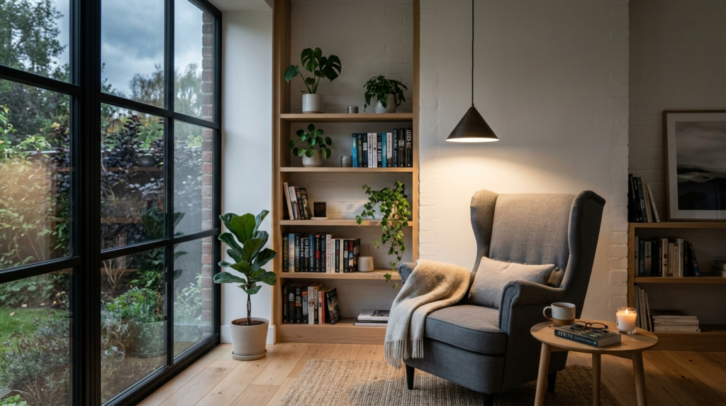 Scandinavian-inspired reading space with minimalist design: 