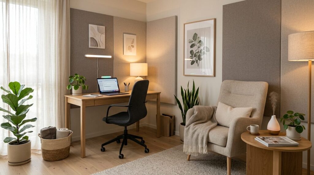 Modern home-based EMDR therapy office corner setup: contempo