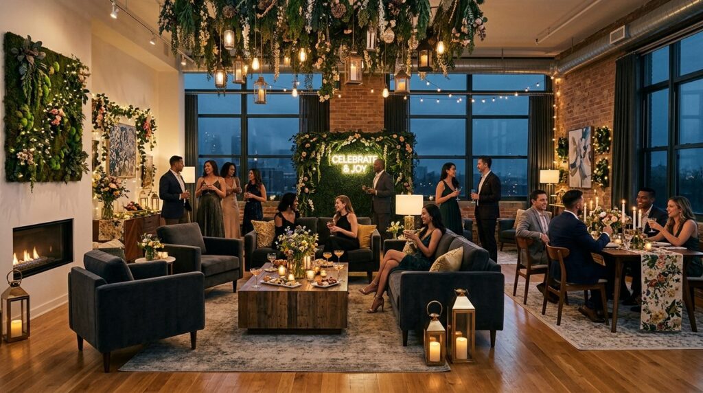 Wide shot of a modern residential living room transformed wi