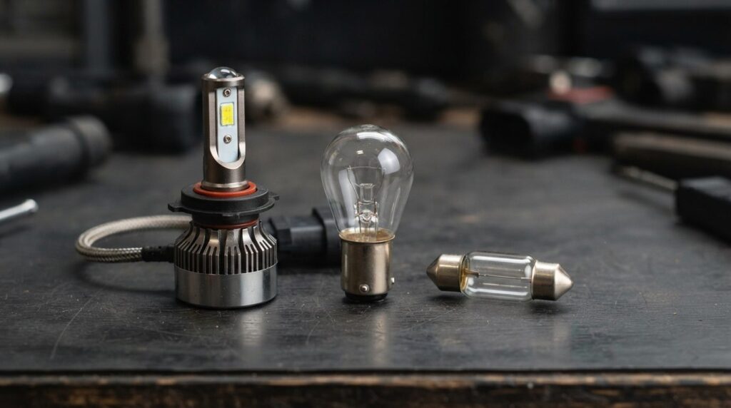 Close-up detail shot of various car light bulbs arranged on