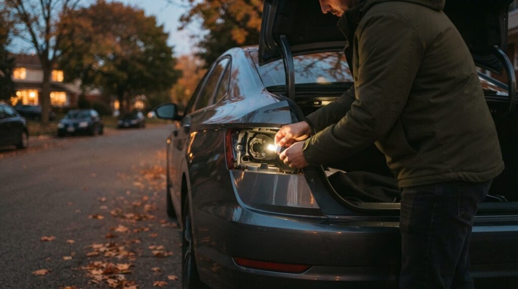 Car owner performing maintenance by replacing a rear taillig