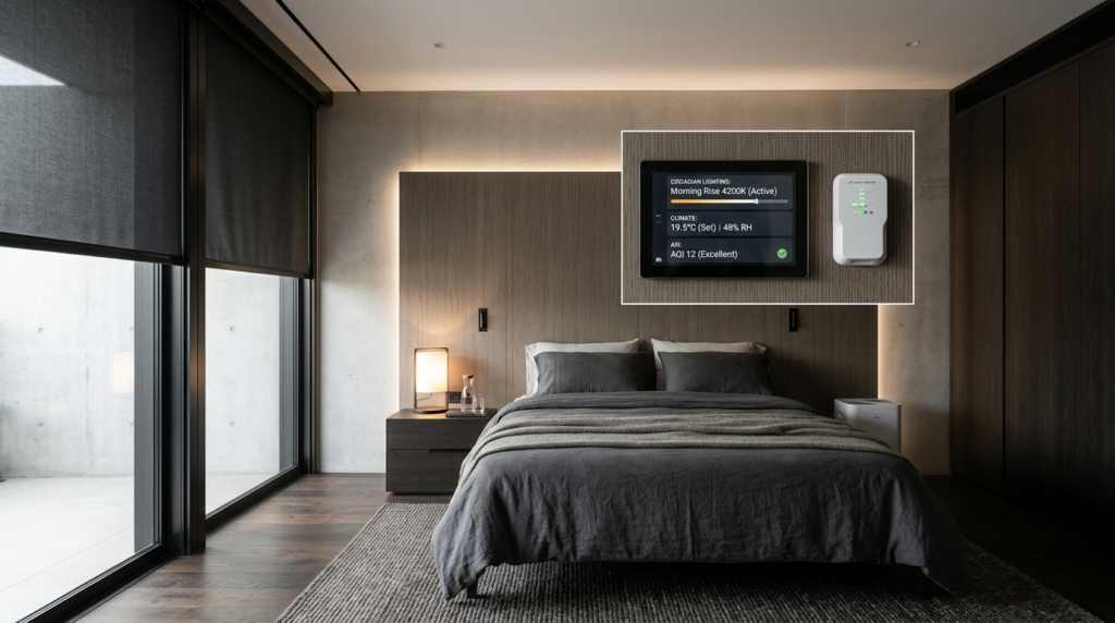 Architectural interior photograph of a biohacked bedroom env