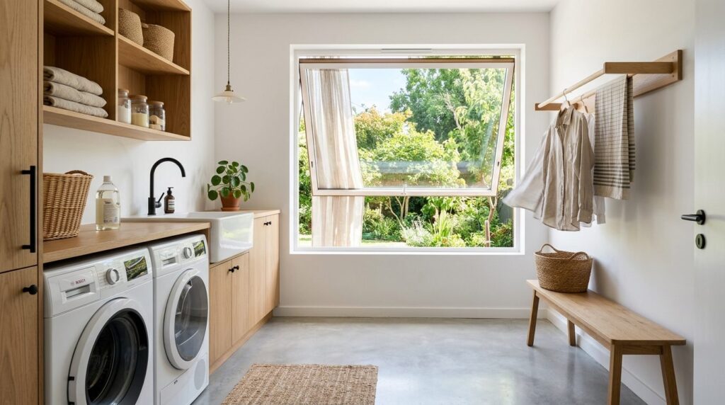 Bright, airy laundry room or utility space with custom-fitte